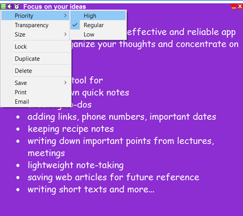 The Note Menu can be accessed by clicking the upper-left corner. It gives a list of actions that can be performed on the note